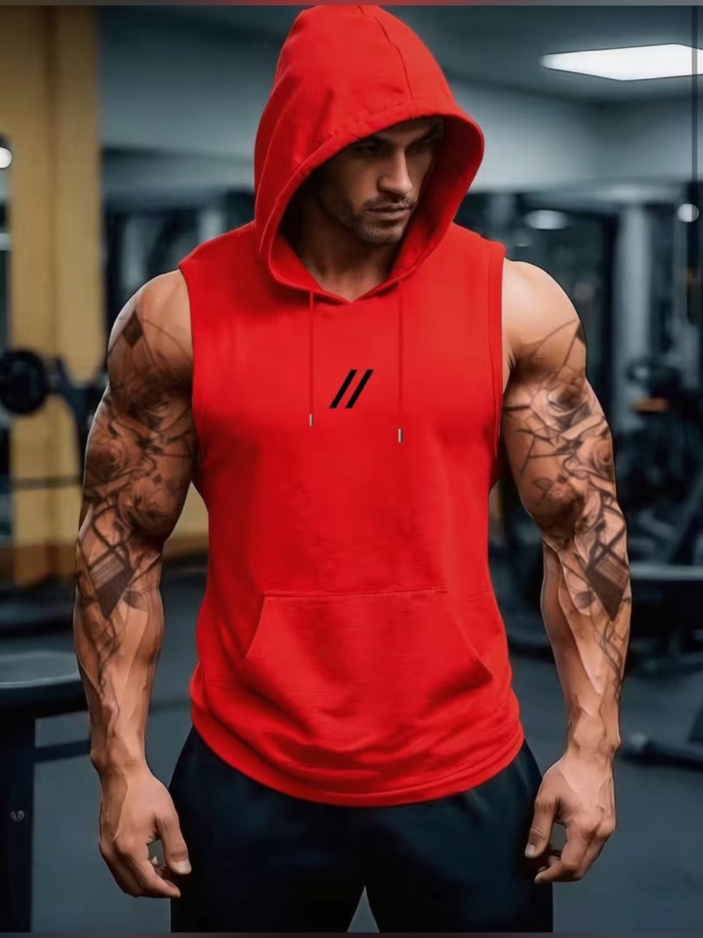 1-Red Sleeveless Hoodie Tank - Athletic Gym Top